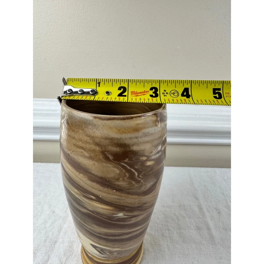 Hand Thrown Studio Pottery Marbled Agateware Vase Brown Tan Signed 6.75